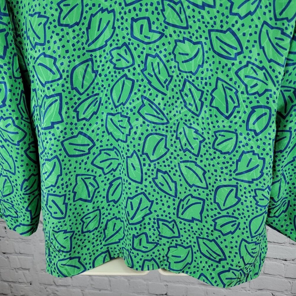VTG Liz Claiborne Green 100% Silk Leaf Print Unlined Lightweight Jacket Size MP - Picture 11 of 13